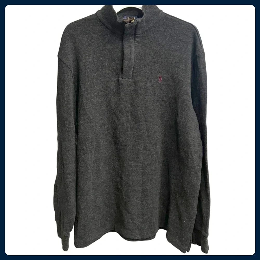 Polo Ralph Lauren Men Charcoal Gray 1/4‎ Zip Mock Neck Long Sleeve Shirt Size L